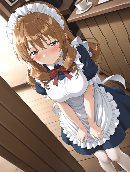 masterpiece,best quality,newest,
1girl,solo,
<lora:tokita_ayumi_ilxl_v1.1:1>,ayumi,a_m_clothes,maid headdress,apron,blue maid outfit,white_pantyhose,<lora:Fixhands_anime_bdsqlsz_V1:1>,dynamic_angle,cinematic_angle,looking_at_viewer,standing,light_blush,embarrass,shy,wooden construction,cafe,curtsy,