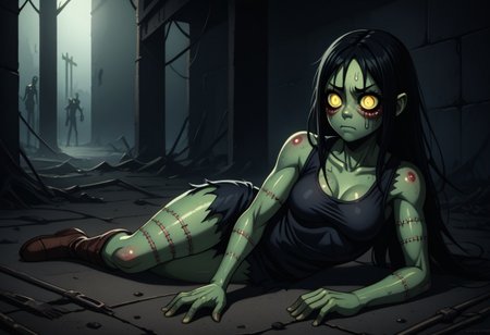 cemetary, a zombie girl lies on the ground with torn clothing, long black hair, green skin, stitches, closed mouth