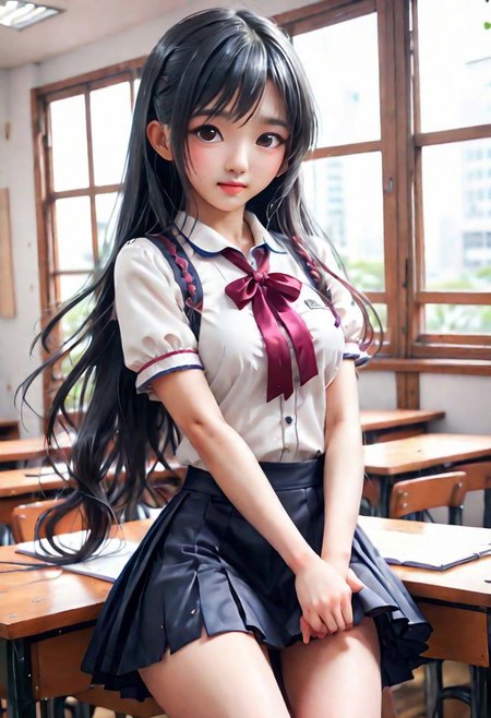 (SFW:1.5), (best quality, 8k, 32k, masterpiece, ultra high definition:1.5), Photos of attractive arafed asian girls, braid, 1 girl, huge breasts ,miniskirt,1 girlstudent standing in classroom, female student, wearing female student outfit, japanese school uniform, white top, gray fruit)) mini skirt)), thigh,student), realistic