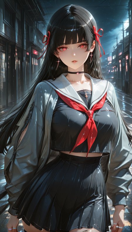 <lora:LCMTurboMix_Euler_A_fix:1> <lora:example_SDXL:0.3>, EZRealPONYXL, <lora:Dramatic Lighting Slider:3> <lora:realistic filter [IL]:1>
DSLR,realistic,cosplay photo, (very awa,masterpiece,best quality,year 2024,newest,absurdres,highres:1), realistic,skin texture,facial features, photography shot with Canon EOS 5D Mark IV , realistic, RAW, best quality, masterpiece, amazing quality, skin details,
1girl, highly detailed beautiful face, large natural breasts,
detailed background, shiny skin, dutch angle, night, moonlight,
beautiful detailed eyes, intricate details, absurdres, anime screencap,
 <lora:Chisa_WWave_ILXL_kill0825:1>
WWChisa, long hair, breasts, black hair, red eyes, hair ribbon, earrings, parted lips, mole, red ribbon, mole under eye, black choker, cross, hime cut, cross earrings, latin cross, blunt bangs, straight hair,
shirt, skirt, long sleeves, ribbon, jewelry, jacket, school uniform, collarbone, earrings, pleated skirt, open clothes, serafuku, black skirt, sailor collar, open jacket, red ribbon, black shirt, neckerchief, thigh strap, black choker, ring, cross, red neckerchief, white sailor collar, black serafuku, grey jacket, midriff peek, multiple rings, necktie, miniskirt, crop top, high-waist skirt, crop top overhang, 
cowboy shot, looking at viewer, standing, close up, dynamic pose,
