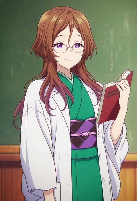 masterpiece,best quality,amazing quality,very aesthetic, absurdres

1girl, solo, Arisu Himeno, brown hair, purple eyes, long hair, glasses, pink-framed eyewear, 

green kimono, japanese clothes, sash, obi, labcoat, 

holding a book, smile, mouth open, chalkboard, green chalkboard, 

anime coloring, 


