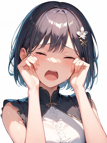 score_9, score_8_up, score_7_up,source_anime, high res image,masterpiece,best quality,(girl:1.0),cute face,clear skin,shiny hair,ultra detailed eyes,simple background, <lora:sob_pony_V1.0:1> sob, tears,open mouth,closed eyes