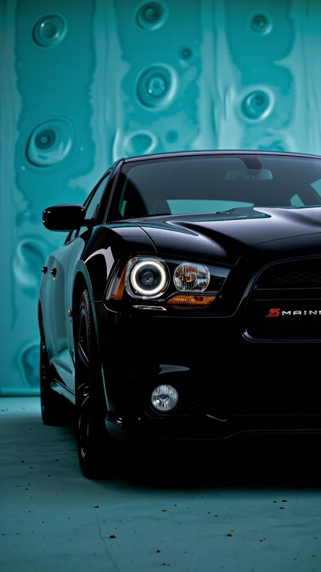 Close-Up Pulse Shot,Dodge Magnum - Brilliant Black paintjob,aqua sponge sway background,<lora:flux.1_lora_flyway_Epic-detail_v2:1>âââ