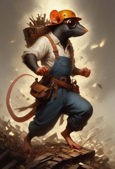 BREAK score_9, score_8_up, score_7_up,  mine, , solo,  rat man, overalls, white shirt, wearing goggles, brown eyes, hard hat, dynamic pose, fully body shot , pick axe, dynamite, bombs, full body shot, (one tail: 1.5)
(masterpiece, best quality, ultra detailed, intricate details:1.2), (detailed face:1.1), (rat folk:1.5)