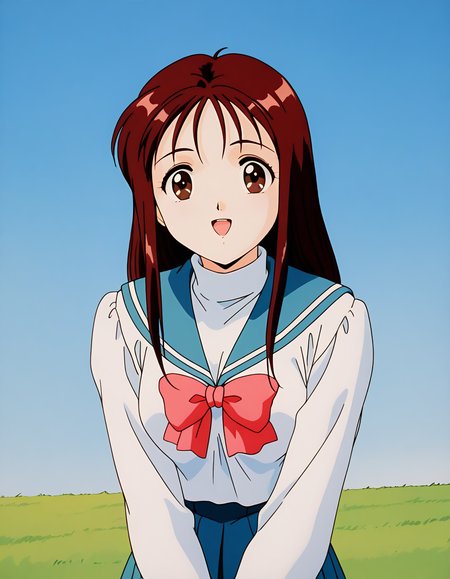 general,highres, ultra-detailed,very aesthetic,best quality ,best hands,  BREAK <lora:Arisa_Seijuden_IS:1> Arisa, 1girl, solo, long hair, bangs, brown hair, red hair, brown eyes, breasts, 1990s \(style\),anime coloring,
solo, school uniform, serafuku, sailor collar, long sleeves, skirt, open mouth, smile, blue sailor collar, bow, :d, blue skirt, 
winter uniform, red bow, pleated skirt, simple background, shirt, white shirt, bowtie, upper body, looking at viewer, turtleneck, v arms,
day,  sky, grass,