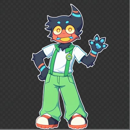 2d, 1boy, Gregoriah, male, humanoid, creature, black fur, orange fur, multicolored fur, yellow sclera, yellow pupils, cyan round eyebrows, orange irises, single horn, orange and cyan stripes on horn, cyan pawpads, head tuft, cyan and orange stripes on arm, cyan tusks, cyan teeth, yellow inner-mouth, collared shirt, white shirt, green stripes on shirt, green suspenders, green pants, black and orange sneakers, green pin, claws

BREAK upper body focus, looking at viewer, smile, hand on hip, waving, silly abstract background

BREAK best quality, amazing quality, very aesthetic, absurdres, newest, masterpiece, high quality