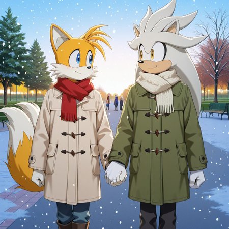 Masterpiece, newest, perfect quality, best quality, complex background, anthro, furry, human proportions, taller male, <furry male, Silver the hedgehog, broad shoulders, fit male, white fur, white skin, scarf, winter coat> holding hands  Tails_IL  blue eyes  light green winter coat, fashionable outfit, blue eyes>, (romantic couple:1.4), (male and male) larger male, winter, snowing, (in a public park:1.5), looking at each other, talking, chatting, smile, ByCooliehigh, Tails_IL <lora:cooliehigh_7:0.4>