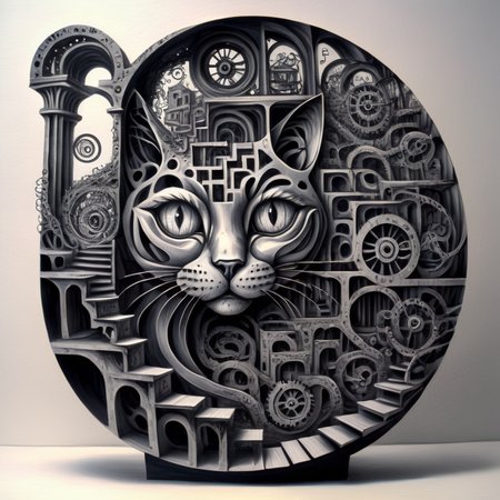 corcoc5s cat made of puzzles and mazes, optical illusions, bridges, depth and stairs, clock mechanisms, gears, black ink, very detailed<lora:corcoc5s:1>