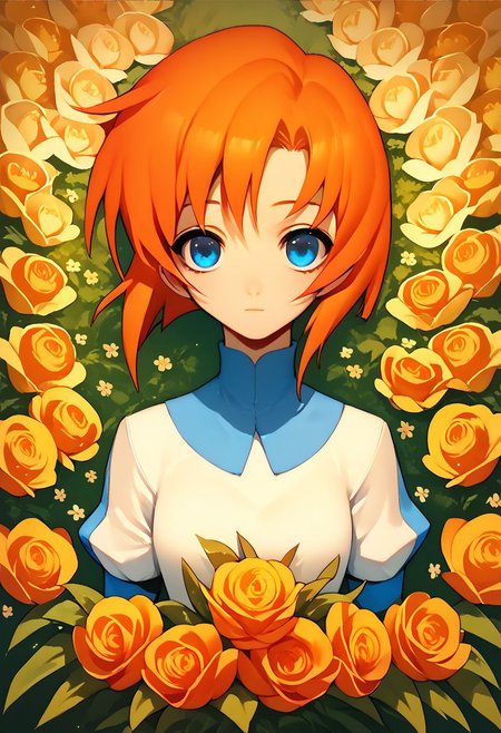 score_9, score_8_up, score_7_up, score_6_up, score_5_up, score_4_up,   <lora:blu3sXLP:0.7> blu3s, 1girl, flowers, rena ryuuguu, orange hair, short hair, blue eyes,