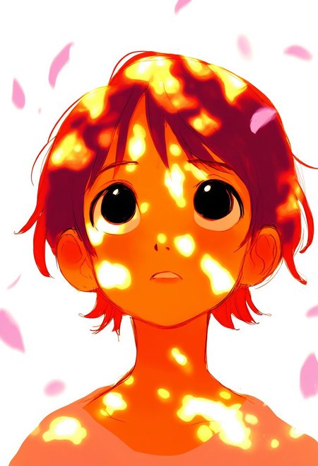 froyoyogurt, 1girl, very awa, black eyes, jade short hair, big eyes
looking up, dappled light, sakura petals,