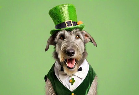 Fluffy Irish Wolfhound dog, oversized Saint Patrick costume, exaggerated features, playful expression, group of mischievous squirrels, tiny leprechaun hats and vests, cartoon style, bright colors, simple background