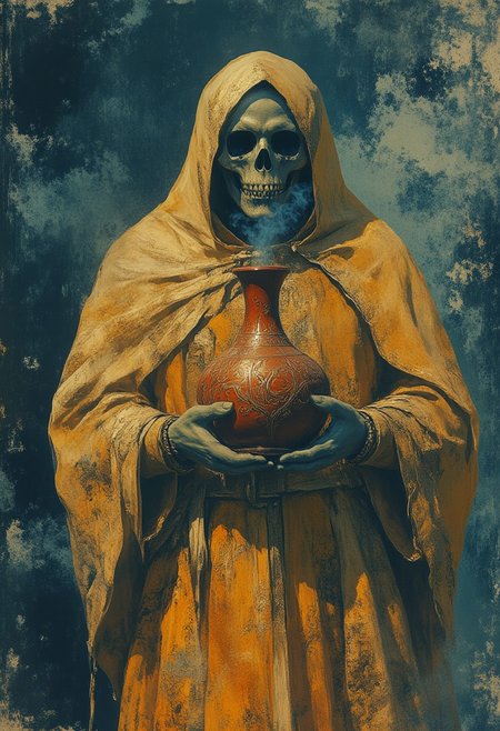 fg ,midjourney, 
Dark fantasy , painting with dim gritt, skull reaper,Golden robe with blue shining futuristic patterns, grainy painting that is too grand in aura, holding a red vase that leaks black smoke from top , vase is emroided in golden patterns
 gritty dark fantasy,
