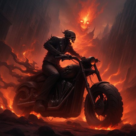 Dark Fantasy Art, Dark Moody Atmosphere, dramatic, mysterious, dark moody atmosphere, dark, moody, dark fantasy style, realistic anime,
BREAK,
Ghost Rider rockets up the skyscraper, his flaming motorcycle scorching a fiery path over glass and steel,
BREAK,
His skull, engulfed in hellfire, casts a sinister, flickering glow, with empty eye sockets seething with vengeful fire,
BREAK,
Flames curl around his skeletal form, his leather jacket and pants seared and frayed, smoldering as he rides,
BREAK, 
sitting on his bike, (((cracked roadway))), cracked road, skull, from side, low angle shot, close up shot, detailed face, detailed skull, front view, wide angle, burning wheels and bike, chopper motorcycle, chopper, burning engine, leaking lava from cracked road, red sunset, 
detailed bike, close up face, perfect face,