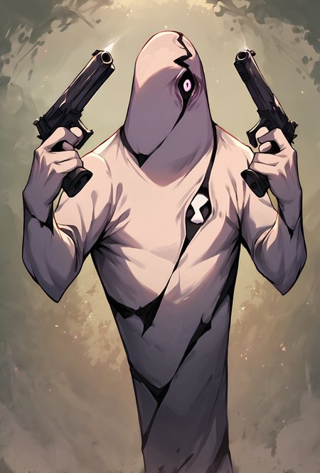 score_9, score_8_up, score_7_up,,  good quality ,, character focus, solo, , best quality , detailed background,  <lora:ghostfreak-05:1> ghostfreak, solo, no humans, purple eye, ghost, simple background <lora:DanielRadcliffeHoldingTwoGunsMeme_pdxl_Incrs_v1:1> handgun, holding gun, holding weapon, dual wielding, finger on trigger, smile, grin, crazy eyes