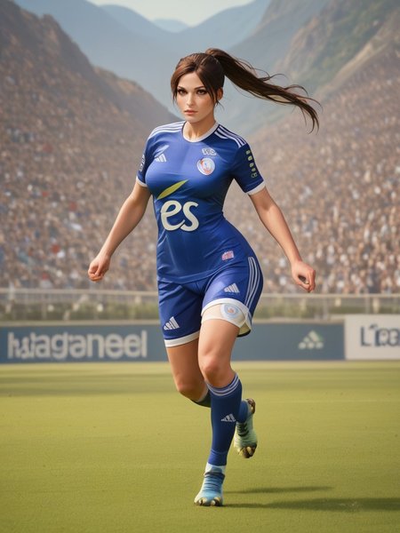 score_9, score_8_up, score_7_up,  <lora:rcstrasbourg_xl:1>,lara croft,beautiful face ,(country stadium), brown hair, long hair, ponytail,rcstrasbourg,rcstrasbourg_logo,és,electricite_strasbourg logo,adidas, standing,  blue shirt, white short,soccer uniform <lora:RC_Strasbourg_Alsace_-_football:1>, masterpiece, lips,portrait, upper body, playing soccer, large breast, cleavage, 30yo, (in mountain),  running, playing soccer, beautiful face, lips, short sleave, empty stadium, more details, highres, very detailed background, short sleeves, (running),bun cover,upper body, fit, athletic, detailed background,