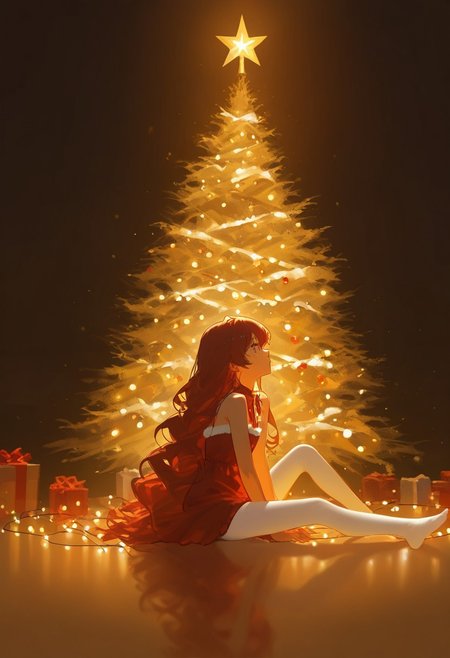 1girl, alone, sitting, bare shoulders, red and black clothes,  white tights, christmas clothes, dark red hair, long wavy hair, flat chest, looking away, christmas tree, christmas decoration, side view, sitting,  christmas lights, masterpiece, highres, absurdres solo, score_9, score_8_up, score_7_up,  2d color,