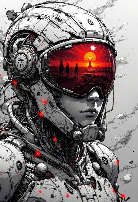 nistyle, Close-up of a futuristic cyber warrior with intense, dramatic motion lines, drawn with fast, expressive strokes. His sleek helmet features a reflective visor capturing the fiery glow of a nuclear explosion in the distance. The warrior’s expression is fierce and determined, adding tension to the scene. The image is primarily in black and white, with high-contrast details and intricate textures of metal and circuitry, but subtle red-tinted accents stand out, adding depth and intensity to the composition.