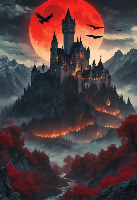 A captivating night scene illustration featuring a forboding and haunted castle on a great  great mountain. The castle and mountain are much like Neuschwanstein Castle in Bavaria.  This enchanting artwork captures a dark and ominous night, where an ominous red bloodmoon hangs above  over the  tree covered mountain range and castle which  stands resolute amidst the great mountains, winged flying creatures flying around, creating a cinematic experience., illustration, cinematic
<lora:DonM3t3rn1tyXL-v1.1:0.7>, DonM3t3rn1tyXL,
OverallDetailXL  <lora:MJ52:0.3>  <lora:SDXLFaeTastic2400:0.4>  <lora:EpicF4nta5yXL:0.7>