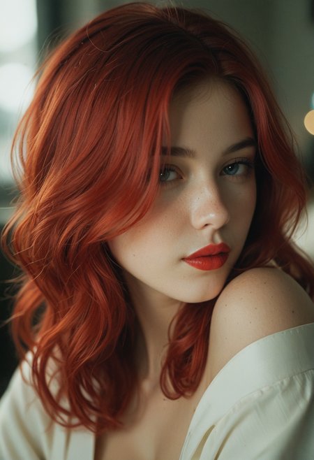 close up shot, 19yo woman, lipstick, hair waist-length red hair, bangs covering the left side of her face with a wavy mid-back length red hair strand resting on her left shoulder and her eyes are brown, kimono. shallow depth of field, vignette, highly detailed, high budget, bokeh, cinemascope, moody, epic, gorgeous, film grain, grainy，　