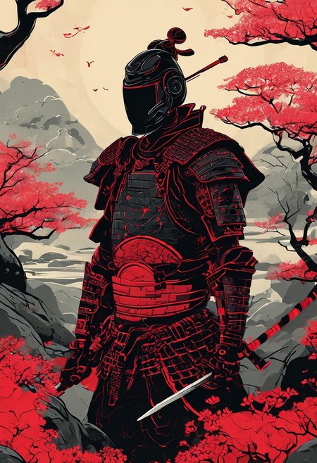 Japanese Samurai warrior in armor, zen garden, spring, sunshine, sakura, meditation, stream, rock garden,
black and red color palette, cybernetic design, futuristic elements, bold lines, flat colors, simple details, retro-futuristic vibe