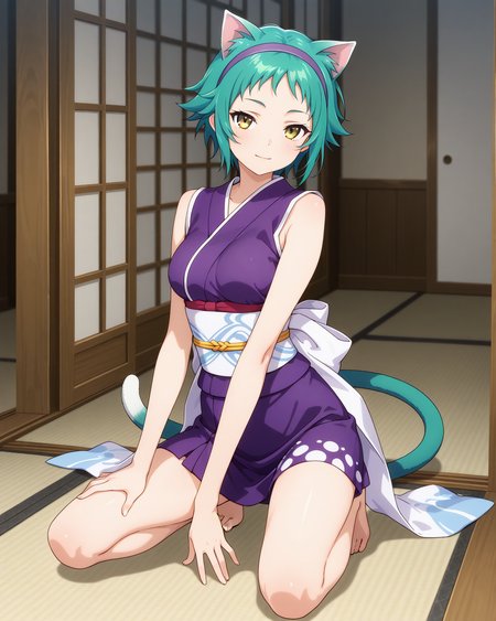(purple sleeveless kimono obi sash hairband:1.50), 
ys-yaya, green hair, short hair, yellow eyes, 
1girl, (solo:1.60), skinny,
(masterpiece, best quality, amazing quality, absurdres, high quality, highres, masterpiece), 
light smile,
full body
,
(:1.20), 
BREAK,
,
,
(),
medium breasts,
cat ears, cat tail
<lora:ys-yaya-V01-illXL:0.70>