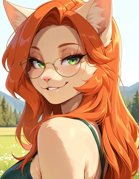 masterpiece, best quality, very aesthetic, absurdres,
outdoors,
upper body, posing, 
seductive smile, parted lips, long eyelashes,
 <lora:Katrina_v01_NAIXL-000004:1>
K4tr1n4,1girl,solo,furry,furry female,cat girl,cat ears,orange hair,long hair,green eyes,glasses,snout,animal nose,body fur,