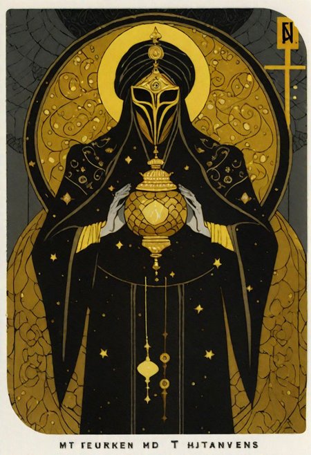 dark grey background, art déco, occultist, antiquarian, byzanthine man in black and yellow robes, ornate lantern, ((man wearing golden mask)), (man wearing turban), ((upwards shoulder pads)), demon and angel