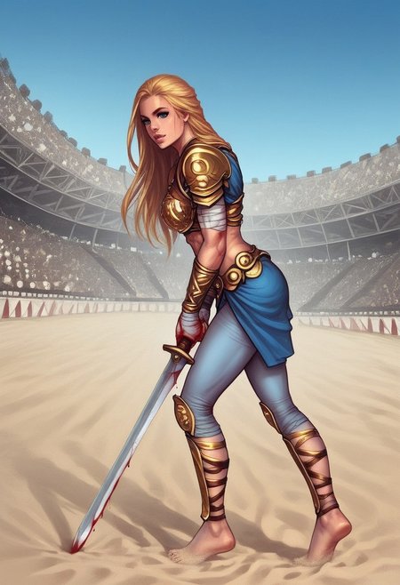 1girl, (((side view))), illustration, highly detailed, skinny, model body, looking at viewer, 1girl, masterpiece, best quality, femgladiator, scar, bloody, dynamic pose, <lora:Gladiator_F_For_Honor:0.9>
BREAK
(((((Thracian gladiator armor, holding wide long sword in hands))))), ((((dynamic pose))))
long hair, blonde hair, big hair, blue eyes,
(((a short soft tunic, arms and legs bandaged with tight bandages, leggings worn)))
best quality, depth of field, bokeh, (((full clothed))), 
BREAK 
((((outdoor, gladiator arena, sand, colosseum, bloody, gore:1.2)))) score_9, score_8_up, score_7_up, score_6_up, source_cartoon, rating_explicit, Expressiveh, ((((full body))))), dynamic pose,
