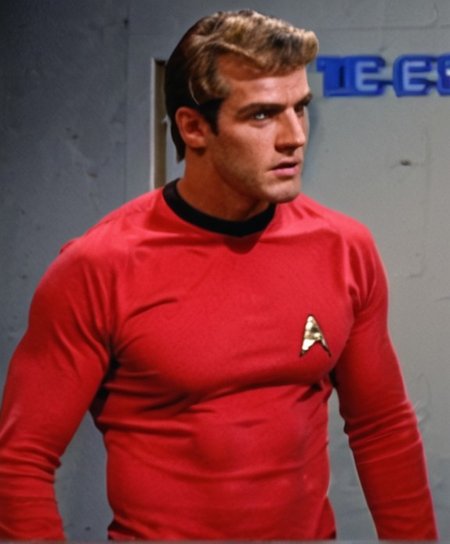 Handsome, masculine, blonde, star trek, red shirt, muscle,  tall, tight shirt,