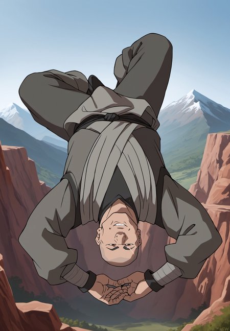 safe_pos, safe_pos, score_9, score_8_up, rating_nsfw, ultra hd, absurdres, best quality, masterpiece, masculine, solo, 1male, male focus, best anatomy, best eyes, best hands, sexiest man alive, erotic, nsfw, gay porn, LOKZaheer, scar on eyebrow, bald, gray clothes, robes, brown eyes, full body view, upside-down, backflip, mountain background