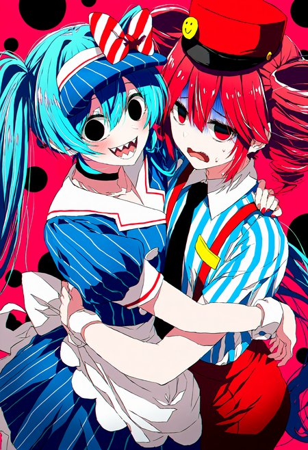 very awa, very aesthetic, (masterpiece, best quality, amazing quality), 2girls, mesmerizer \(vocaloid\), hug, 4b-enpitsu, 
{hatsune miku, black eyes, solid circle pupils, black choker, looking at viewer, vertical-striped clothes, short sleeves, striped bow, waist apron, sharp teeth, striped shirt, blue dress, visor cap, puffy short sleeves, wrist cuffs},
{kasane teto, black necktie, vertical-striped clothes, red eyes, kepi, red hat, stripped shirt, short sleeves, black necktie, red pants, collared shirt, uncomfortable, sweat, smile, turn pale}, <lora:4b-enpitsu_Style_XL:0.25>