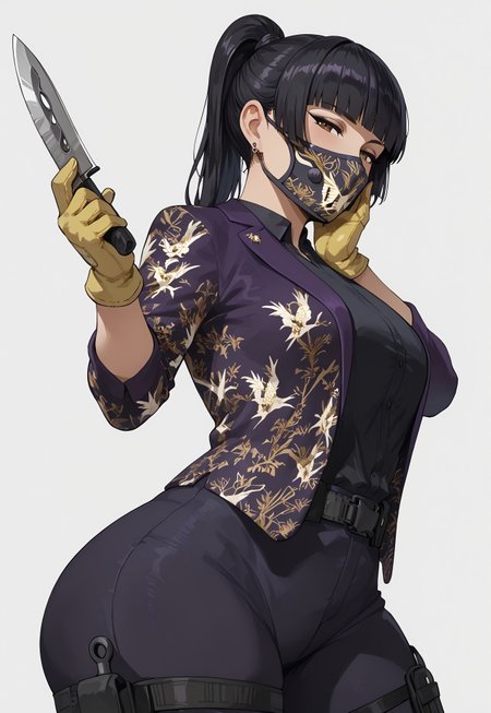 safe_pos, score_9, score_8_up, score_8, (masterpiece, best quality, highres detail),gradient background, from side,bottom view,AzamiR6S,1girl,adult,solo, head turned to viewer, looks at viewer,holds tactical knife,one hand on cheek,horny,beautiful face,beautiful eyes, brown eyes,half closed eyes,black hair, blunt bangs, ponytail, black eyeliner, single earring,(curvy:1),medium breasts, thick thighs,mouth mask, yellow gloves, purple jacket, print jacket, black collared shirt, black belt, purple pants, thigh strap