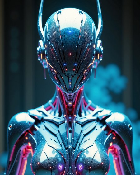 in the style of ckfa, holographic shimmer intricate armor, whimsical ghost faceless android woman hkbeauty looking at the viewer, otherworldly glow, fantasy, auraflow,