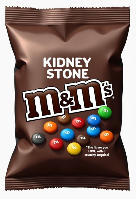Create a highly detailed, centered image of a bag of "Kidney Stone M&Ms" facing the viewer. The bag should be brown with bold, eye-catching text reading "Kidney Stone M&Ms" and the tagline "The flavor you LOVE, with a crunchy surprise!" The text is legible and the bag is not angled. Resolution: 16k.