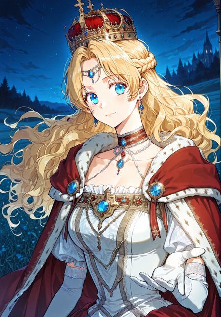 <lora:Athanasia_r1:1>
1 girl, solo, princess, blue eyes, blonde hair, long hair, wavy hair, french braid, bangs, parted bangs
white dress, necklace, collarbone, earrings, choker, gem, jewelry, red cape, crown, bracelete, pearl necklace, white gloves, elbow gloves,
score_9, score_8_up, score_7_up, very aesthetic, source_anime, detailed, high quality, beautiful, masterpiece, detailed eyes, field, blurry background, pose dynamic angle, upper body, cowboy shot, light smile, looking back, reaching out, floating hair, night , <lora:iLLMythG0thicL1nes:1>