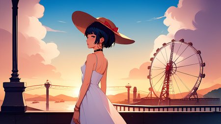 ((masterpiece)), (top quality), (best quality), (official art, beautiful and aesthetic:1.2),
score_9, score_8_up, score_7_up,
source_animate,
zPDXL, zPDXLxxx,
((solo)), (((1girl))),
<lora:zs_TakemiXL:0.9>, takemicasualp5, short hair, bob cut, black hair, blue hair, choker, necklace,
(small breast),smokey eyes,
sun hat, sundress, dress, sandals, jewelry, earrings, ((hoop earrings)),
looking back,
<lora:amusement_park:0.3>,
outdoors, amusement park,
dusk, sky, scenery, silhouette,
ferris wheel,
upper body, ((cowboy shot)),