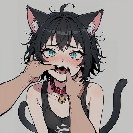 score_9, score_8_up, score_7_up, (2d), source_anime, very aesthetic, anime screencap, anime color,
BREAK,  
1girl, (skinny:1.2), pale skin, catgirl, cat ears, cat tail, aqua eyes, slit eyes,  black hair, short hair, messy hair,
blush, embarrassed, pet collar, tank top,
 fiday, 1girl, solo focus, pov hands, finger in another's mouth, parted lips, biting, fangs, open mouth