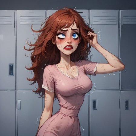 score_9, score_8_up, score_8, 1girl , Nikki Cox, Tiffany Malloy, grabbing hair, 1girl, solo, petite, petit, 18 year old, big breasts, soarse face, school, lockers, slap, slap in face, slap in her face, slapped, bangs, slap by baseball bat, shaggy mullet, blue eyes, auburn hair, big funnel nose, hair, tight  mini pink dress,long legs, tall, ragged clothes. crumpled hair, bad hair,dirty clothes, wrinkled clothes,one eye higher than another, twisted mouth, messed hair, messy hair, in love, extremely in love, blush, arousal, seductive, seductive face, shaking, destroyed face, destroyed body, awful skin face,  long hair, makeup, lipstick, young, skinny, narrow waist, fragile, sexy, perfect body,detective betheerz dress, dynamic pose, posing,  wounds, hit herself,  selfharm, self harm, wounds on face, wounds on body, extreme amount of wounds, wounds everywhere, tired, tired af, extremely tired, tired eyes, huge amount of tireness, absolutely tired, bags under eyes, shiners, stupid, dumb, extremely stupid, extremely dumb, no brain, brain damage, stupid blonde, extremely stupid blonde,  blue eyes, eye twitching, nervous eye twitching, extremely hard eye twitching, totally burnt hair, sexy, horny
