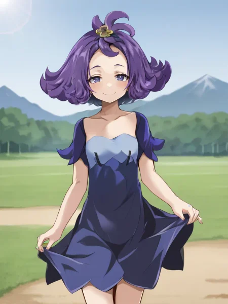 <lora:sumonacerolatsukishiro:1>
1girl, solo, acerolasiriguela, purple hair, flipped hair, topknot, hair ornament, multicolored dress, outdoors, standing, looking at viewer, smug, smile, cowboy shot