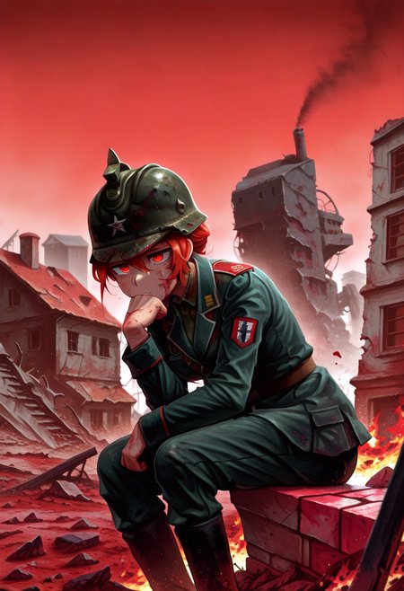 masterpiece, high quality, th1nk3r, 1girl, solo, cowboy shot, sitting, head rest, leaning forward, town, ruins, military uniform, military helmet, military, dirty, blood on face, red sky, smoke, war, fire, debris,