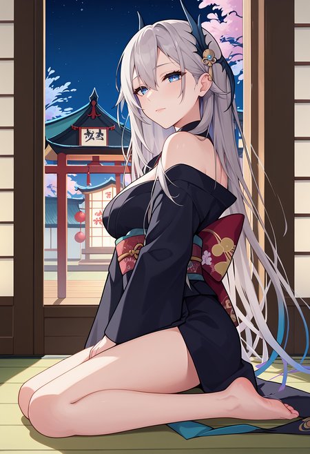 score_9, score_8_up, score_7_up, anime screencap, source_anime, 1girl, solo,
<lora:Ida_Pochi_V1:.85>, KJOpochi, long hair, grey hair, blue eyes, hair between eyes, hair ornament, 
black kimono, obi, off shoulder, 
From side, wariza, kneeling, hand between legs, looking at viewer,
Night, east asian architecture, wooden floor, 
(Beautiful, medium Breasts:1.2), natural breasts,