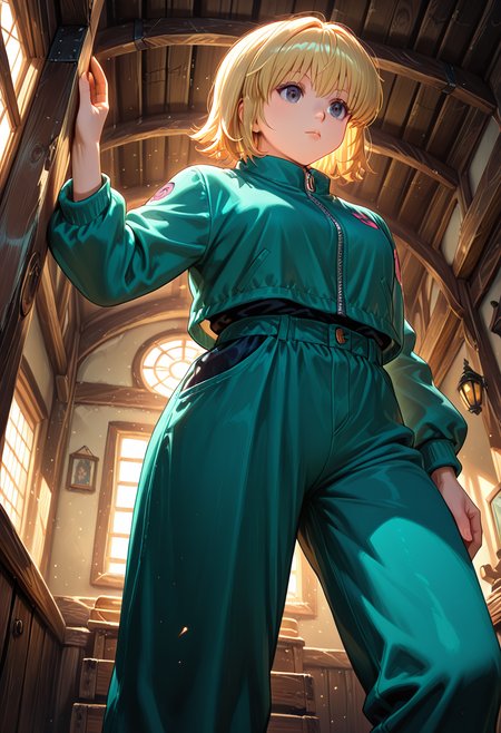 masterpiece, best quality, 32k, high resolution, absurdres 
1girl, solo, Borksen, h_borksen, hunter x hunter, official art, dark grey eyes, short blond hair, long sleeves,full turquoise clothes, bangs, turquoise pants, turquoisejacket,
dynamic pose, standing, posing, expressionless
indoors, room in wooden ship, decorations
from below, light particles, dynamic angle,  cinematic angle, various angles, detailed background, beautiful background, (rays light:1.0),(grow:1.0) vivid colors, shiny and glossy, anime style, high-res, beautiful aesthetic, very intricate, high-quality details, vibrant, 
<lora:add-detail-xl:1.10> <lora:spo_sdxl_10ep_4k-data_lora_webui:0.95> <lora:noobai_ep11_stabilizer_v0.138_fp16:0.6> <lora:StS-Illustrious-Detail-Slider-v1.0:1.10> <lora:cfg_scale_boost:0.95> <lora:nyalia:0.20>  <lora:HUNTERHUNTER___Morena_____borksen:1>