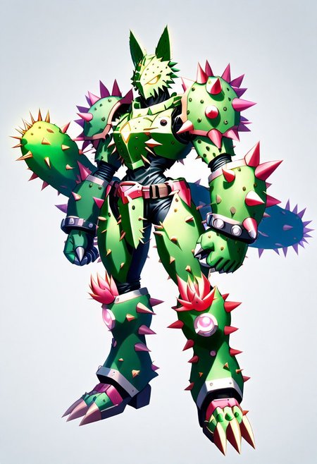 score_9, score_8_up, score_7_up, cs-l3ath3r, NCRender, 
Hidegarurumon is a fierce, wolf-like Digimon covered in rugged, dark brown Prickly Cactus armor. Its fur is sparse and resembles a patchwork of aged, Prickly Cactus  pieces that provide both flexibility and durability. The armor on its body is reinforced with Prickly Cactus  straps and buckles, designed to offer both protection and mobility. Its glowing yellow eyes shine through a mask-like Prickly Cactus  faceplate, and sharp Prickly Cactus claws extend from its paws, capable of tearing through most materials. A large, jagged Prickly Cactus tail swishes behind it, hardened to serve as both a weapon and a tool for balance in combat. NCRender