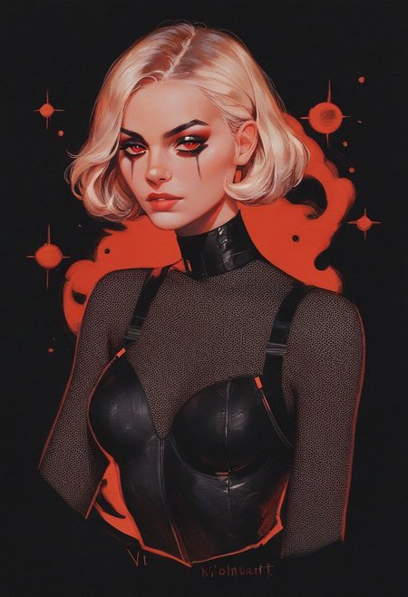 score_9, score_8_up, score_7_up, score_6_up, VitWaterStyle, 1girl, red eyes, black background, 1girl, dark, black bodysuit, suggestive pose, dynamic pose, moonlight, perfect female waist, halftone lighting, makeup, eyeliner, eyeshadow, mascara, detailed drawing