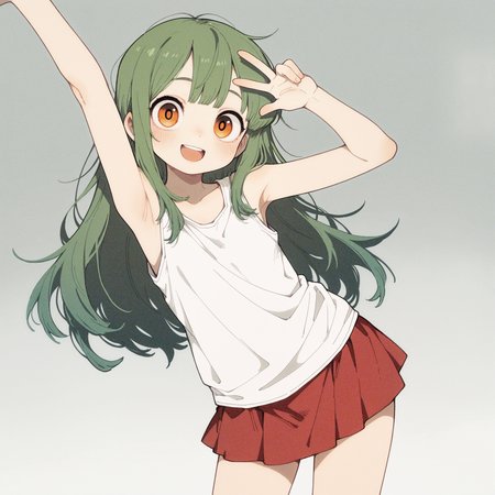 masterpiece,best quality,amazing quality, 1girl, solo, long hair, :d, green hair, orange eyes, red skirt, sleeveless, miniskirt, armpits, arms up, sleeveless shirt, white tank top, looking at viewer, blush, smile, open mouth, w, (leaning to the side:1.2),
Gray gradient background,
cowboy shot, vfaix, <lora:illustriousXL_stabilizer_v1.23:0.3> <lora:NOOB_vp1_detailer_by_volnovik_v1:0.3> <lora:ponyv6_noobE11_2_adamW-000017:0.3> <lora:HB_091:0.5> <lora:veluflora-wai:0.75>