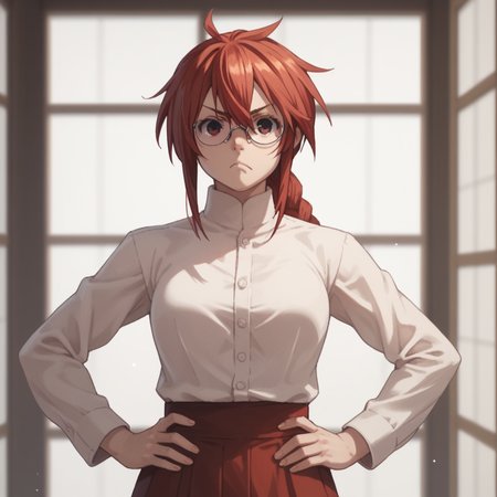 <lora:Slimes_Matsu:1>, score_9, score_8_up, score_7_up, slimes_matsu, glasses, red hair, solo, hands on hips, frown