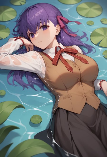 score_9,score_8_up,score_7_up,1,<lora:stay_night_all:1>,1girl,character: matou_sakura,solo,looking_at_viewer,lying,on_back,closed_mouth,purple_eyes,long_hair,purple_hair,hair_ribbon,large_breasts,breasts,black_skirt,brown_vest,collared_shirt,homurahara_academy_school_uniform,school_uniform,shirt,skirt,vest,wet_clothes,white_shirt,long_sleeves,neck_ribbon,red_ribbon,ribbon,striped_ribbon,afloat,partially_submerged,water,wet,bad_id,bad_pixiv_id,