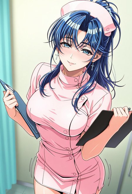 masterpiece, best quality, newest, highres, uncensored, 1girl, yokota mamoru style,1girl, slender face，motion lines,blush,torogao,looking at the viewer,seductive smile
Kouno Asami,Blue Hair, Curtained Hair, Long Hair, Ponytail, Spiky Bangs, Straight Hair,Blue Eyes,Medium Breasts, Slim, Cross Earrings
1girl,solo
hat, nurse, smile, nurse cap, holding, looking at viewer, clipboard