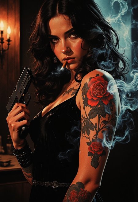 noir setting, femme fatale, red rose tattoo, gun, mysterious woman, glowing eyes, smoking cigar, dimly lit, dramatic shadows, dark ambiance, subtle smoke trails, cinematic lighting, moody atmosphere, close-up perspective, elegant yet ominous