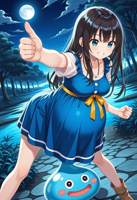 STYLE(comfy++,none) masterpiece, best quality, absurdres, 1girl, cura, azuuru, torino aqua, slime \(dragon quest\), blue eyes, long hair, medium breasts, clothed, pregnant, big belly, solo,  aroused, grin, looking down, facing to the side, pointing, thumbs up, outstretched arms, (bent over), fighting stance, legs apart, portrait, dutch angle,  night, nature, meadow, game cg, <lora:Other/Pregnancy_Slider.safetensors:1.5:1.5> <lora:Tech/dmd2_sdxl_4step_lora_fp16.safetensors:1.0:1.0> <lora:Other/pregnant_c_v3.safetensors:1.0:1.0>